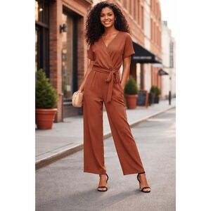 Terra Cotta Wide Leg Jumpsuit Women L‎ Tie Waist Rust Brown Minimalist Jumpsuit